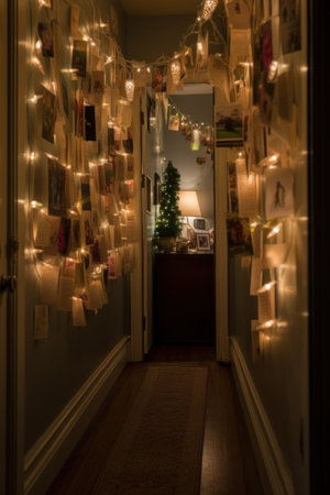 Home hallway lined with traditional Christmas cards with congratulations from friends and family. Cozy home Christmas tradition. Family love, attention, congratulations from close people. Generated AIの素材