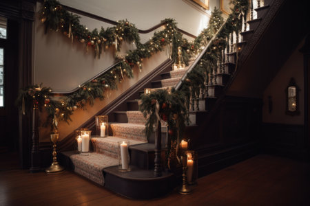 Large home dark wooden staircase with light patterned carpet runner decorated with Christmas fir garland, lights and candles. Christmas home decorating idea. horizontal format. side view. Generated AIの素材