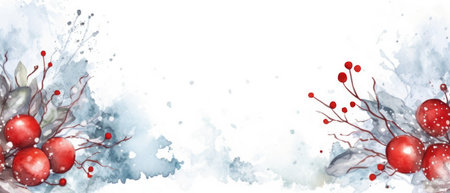 Christmas or New Year winter festive banner with snowy trees branches with red small and large berries on white. Watercolor drawing. Winter holidays card template. Mock up. Copy space. Generated AI.の素材