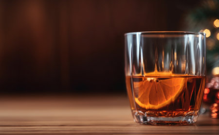 Wine, cognac or brandy in glass, bokeh lights, wooden table. Holiday Christmas or New Year image with copy space. Holiday party concept. Cozy home holidays. Generated AI.の素材