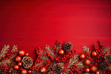 Christmas arrangement of branches with red berries and cones on red background. Christmas background. Holiday template for card. Mock up. Copy space. Top view. Horizontal format. Generated AI.の素材