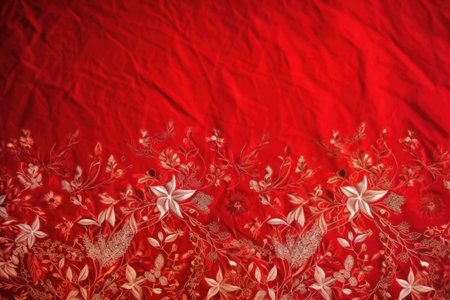 Texture of red cloth with embroidered white leaves and flowers. Fantasy refined pattern of fabric. Red floral template with copy space. Horizontal format. Red creative background. Mock up Generated AIの素材