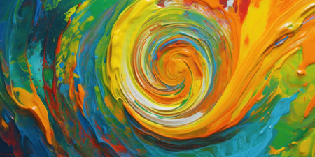 Bright blue yellow green orange color acrylic paints as spiral. Multi colored paint abstract creative background. Beautiful streaks of colored paints as background. Generated AI.の素材