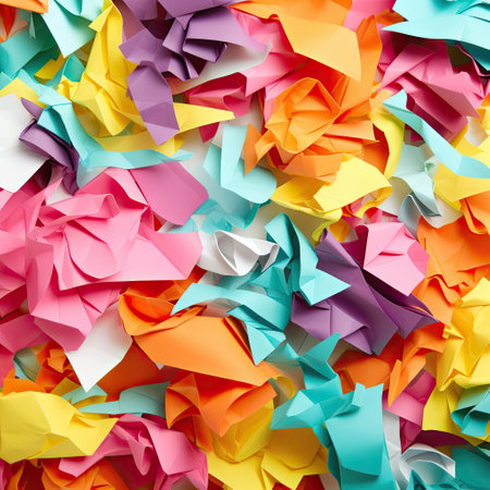 Pastel colorful abstract background made of chaotically folded paper sheets. Fantasy paper backdrop. Generated AI.の素材