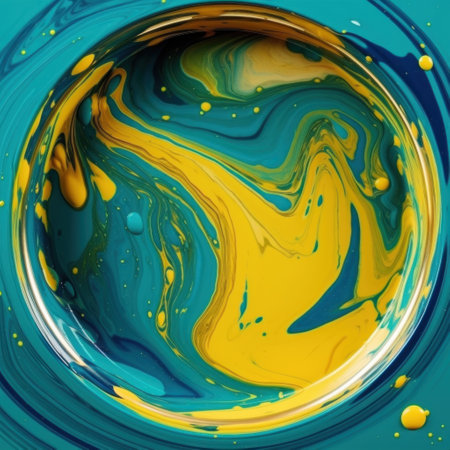 Wavy round pattern of color wet paints. Abstract creative acrylic yellow and turquoise background. Art texture. Square format. Generated AI.の素材