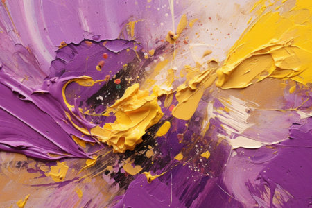 Strokes and splashes of pastel yellow and purple oil paints or gouache smeared from center on background. Abstract painted background. Horizontal orientation. Generated AI.の素材