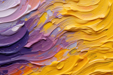 Wavy pastel yellow and purple paints smears. Bright acrylic background. Abstract acrylic paiting. Bright acrylic background. Horizontal orientation. Generated AI.の素材