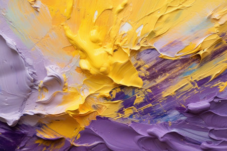 Bold strokes of pastel yellow and purple oil paints or gouache smeared from center to periphery of the background. Abstract painted background. Horizontal orientation. Generated AI.の素材