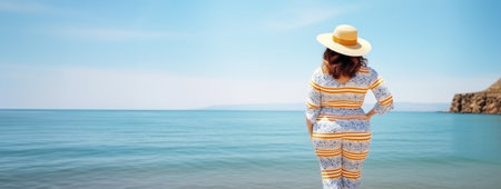Chubby woman in striped beach suit and straw hat standing by the sea on seashore. Sea resting, relaxing. Travel. Diversity Acceptance of yourself Body positive Rear view Banner Copy space Generated AIの素材