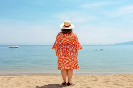 Corpulent woman in orange motley dress and straw hat standing on sand at water's edge on seashore. Sea resting, relaxing. Travel. Diversity. Acceptance of yourself.Body positive Rear view Generated AIの素材