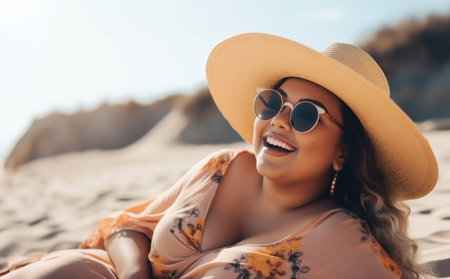 Chubby adorable smiling young woman in dress, straw hat, sun eyeglasses lying on sand sea beach. Sea resting, relaxing. Travel. Diversity. Acceptance of yourself. Body positive. Close up. Generated AIの素材