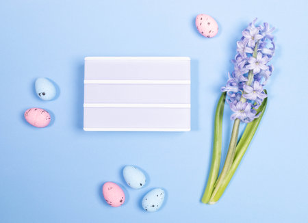 Flat lay composition of Easter decorations. Decorative pastel color eggs, fresh light purple hyacinth flower on light blue background with space for holiday inscription. Happy Easter card. Top view.の写真素材