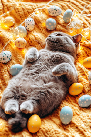 Cute gray cat lying on yellow knitted blanket with Easter eggs.の素材