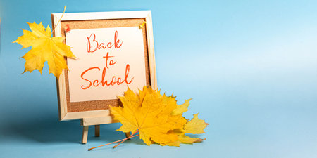 Back to school sign displayed on a wooden easel surrounded by vibrant autumn leaves, set against a...