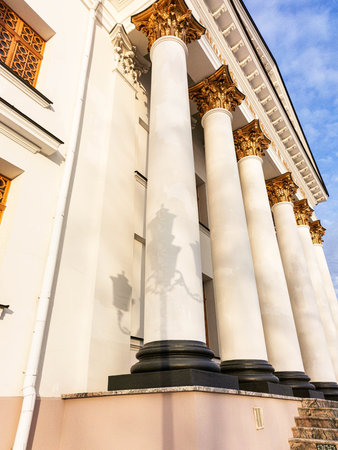 Architectural columns featuring intricate golden details and shadows, stand prominently on a...