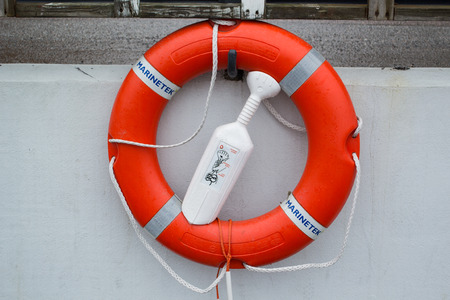 Lifebuoy placed on the quayの写真素材