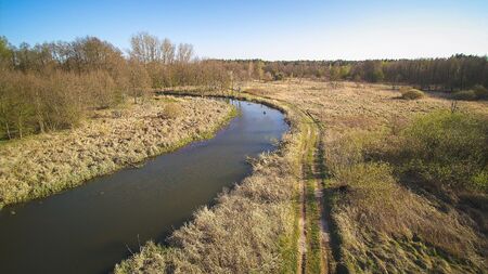Flight over a small, wild river, Poland.