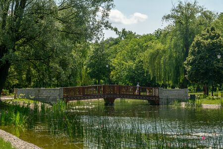 City park in the city of Zdunska Wola, Poland.の写真素材