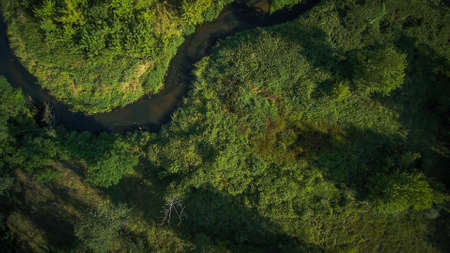 Low flyover over a small wild river on a summer day, river Grabia, Poland.