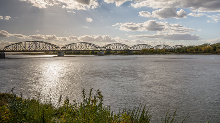 The city of Grudziadz - the longest road and rail bridge in Poland.の写真素材