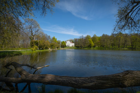 Historic buildings in a park in Zloty Potok, Poland.