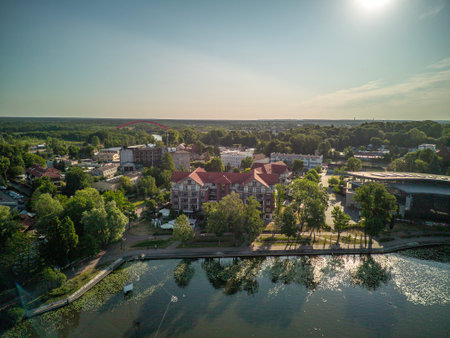 The boulevard on Lake Drweckie in Ostroda is a tourist landmark of the city, Poland.の写真素材