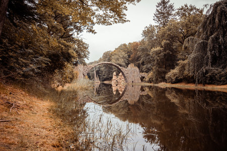 Abandoned water mill in the middle of a lake in autumnの写真素材