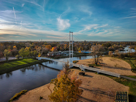 White Bridge in Sieradz on the Warta River, Poland.の写真素材