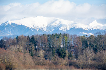 Winter landscape with snow-capped mountains on the horizon and blue skyの写真素材