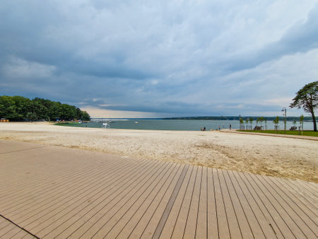 Marina and city beach in Smardzewice, Poland.の写真素材