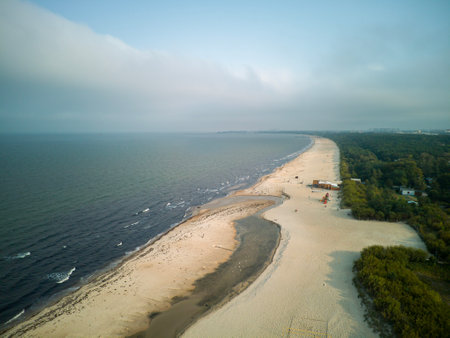 Aerial view of the sandy beach on the Baltic Sea in Polandの写真素材