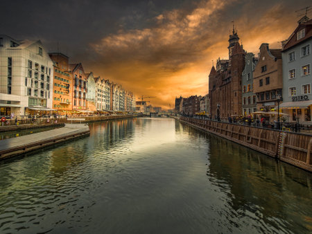 Panoramic view of Gdansk at sunset, Poland.