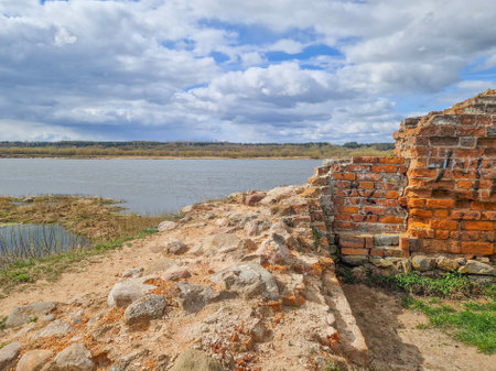 The ruins of the Bobrowniki Castle on the Vistula River, Poland.の写真素材