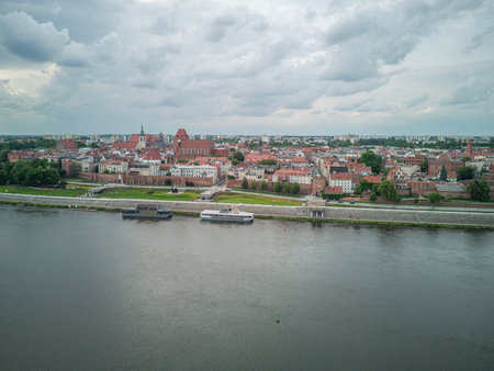 Castle Ruins in ToruÅ with a View of the Old Town on the Vistula River, Poland.の写真素材