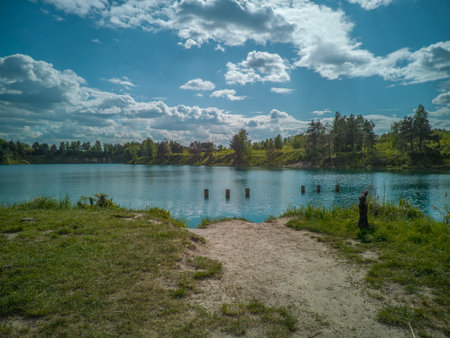 Landscape of the lake in the forest with green grass and blue skyの写真素材