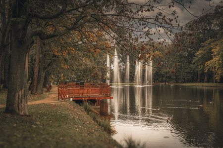 Lake in the park with a wooden bridge and a fountain in autumnの写真素材