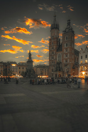 The Main Market Square in Krakow, Poland at sunset.の写真素材