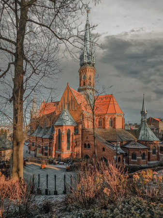 The church, towering over PodgÃ³rski Market Square in Krakow, Poland.の写真素材