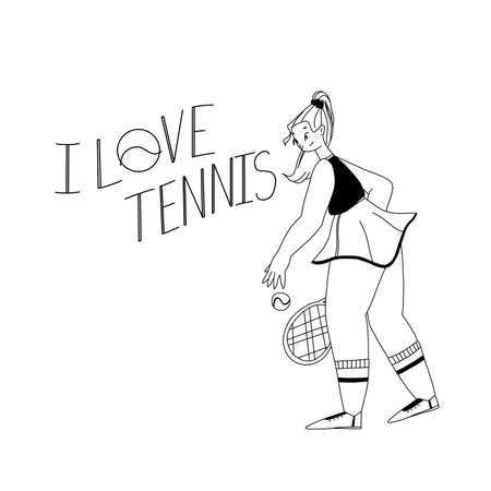 I love tennis lettering with a girl tennis player in sportswear with a racket and a ball.のイラスト素材