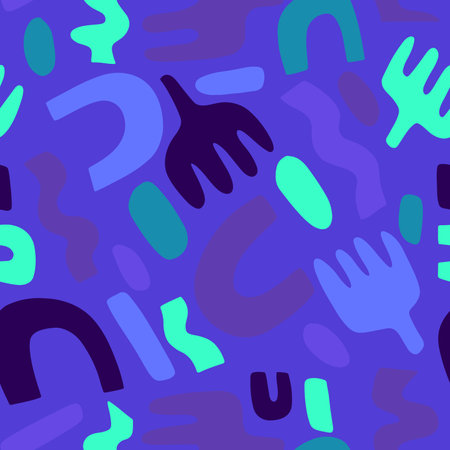 Crazy neon abstract pattern with blue and purple accents. Seamless illustration in doodle style for fabric and paper.のイラスト素材