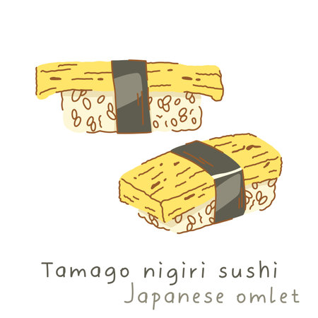 Tamago nigiri sushi with Japanese flat style omelet. Sushi on the side and in three quarters.のイラスト素材