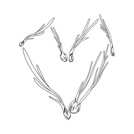 Illustration of heart lined with green bow in line art style isolated on white backgroundのイラスト素材