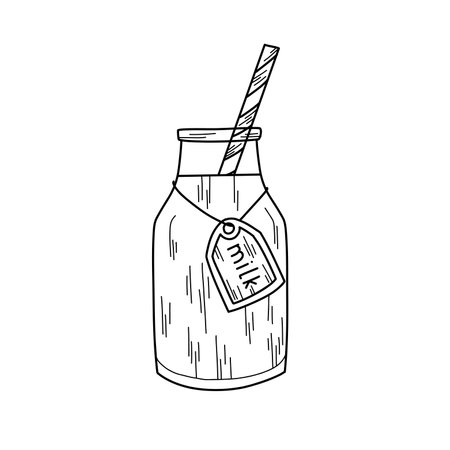 Illustration of a stylized glass bottle of milk with a striped straw and a tag on a string.のイラスト素材
