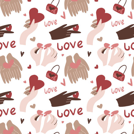 Pattern with hearts in hands of variety colors, locks and love lettering on a white backgroundのイラスト素材