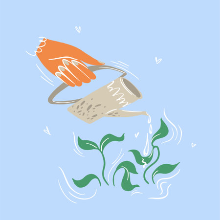 Hand with a small beige watering can watering young greensのイラスト素材