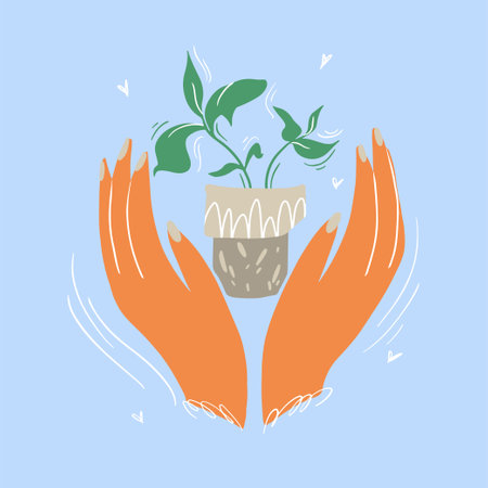 Graceful hands embracing a handmade pot with a houseplantのイラスト素材