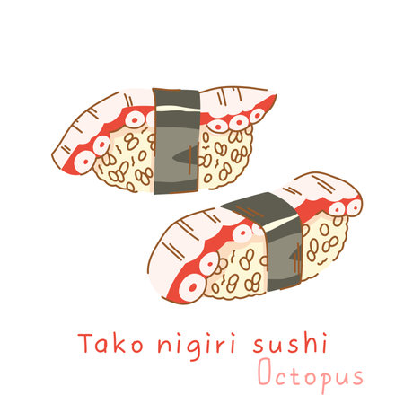 Tako nigiri sushi. Pieces of octopus on boiled rice wrapped in nori.のイラスト素材