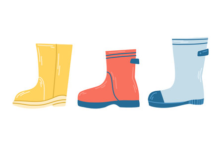 A set of multi-coloured rubber boots for wet weather in flat style, one each.のイラスト素材