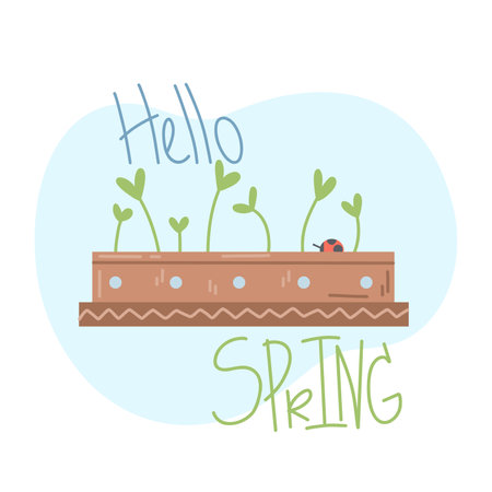 Lettering hello spring with young plant sprouts in a long seedling pot in delicate spring flowers.のイラスト素材