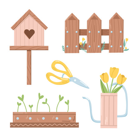 Decorative set of a wooden birdhouse, a fence, a watering can, pot with seedlings and garden shearsのイラスト素材